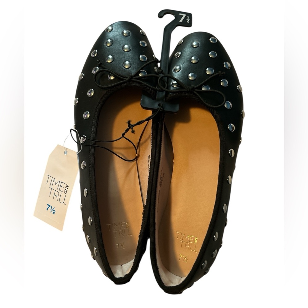 Time and Tru Black Silver Tone Studded Slip On Ballet Flats